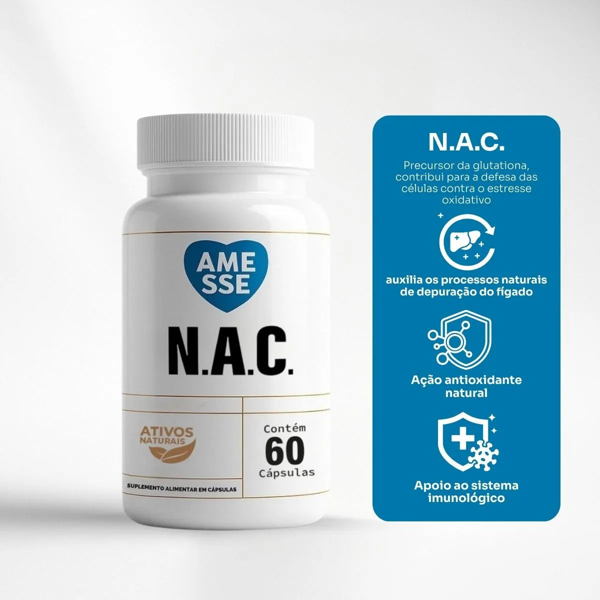NAC - N-Acetilcisteína - 600mg - Precursor da Glutationa - 60 Cápsulas